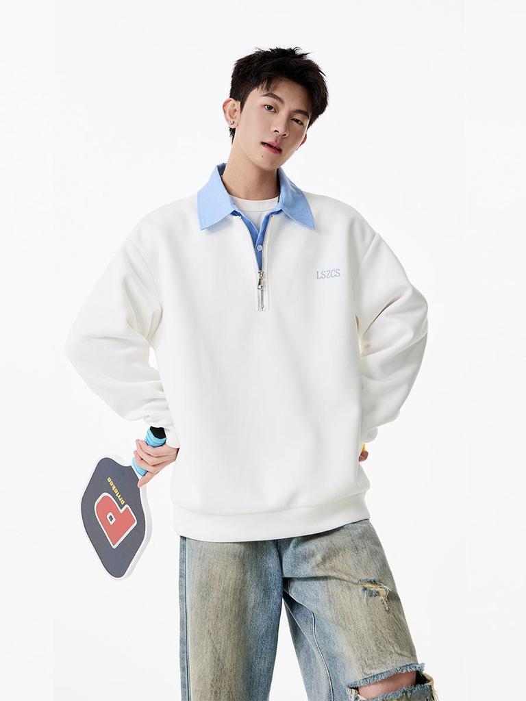 Unisex Heavyweight Faux Two-Piece Half-Zip Polo Sweatshirt, Autumn College Style, Lapel, Pullover, Loose Casual Top, Trendy.