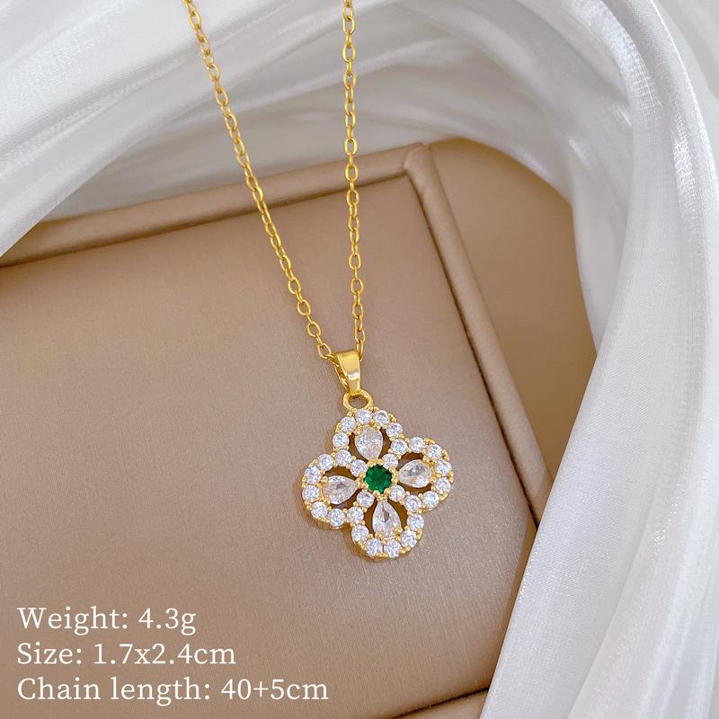 Titanium Steel, Zircon Lucky Grass Light Luxury Temperament Gorgeous Full Diamond Necklace Female Versatile Collarbone Chain Titanium Steel Chain