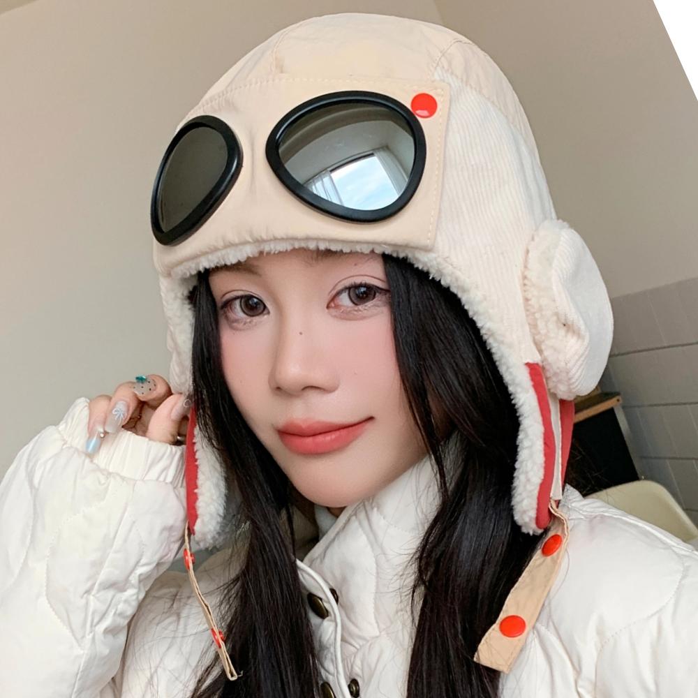 

Новые женские теплые шапки-бомберы с очками, плюшевая меховая зимняя шапка с ушками, зимняя шапка денди для женщин 56cm-60cm бежевый