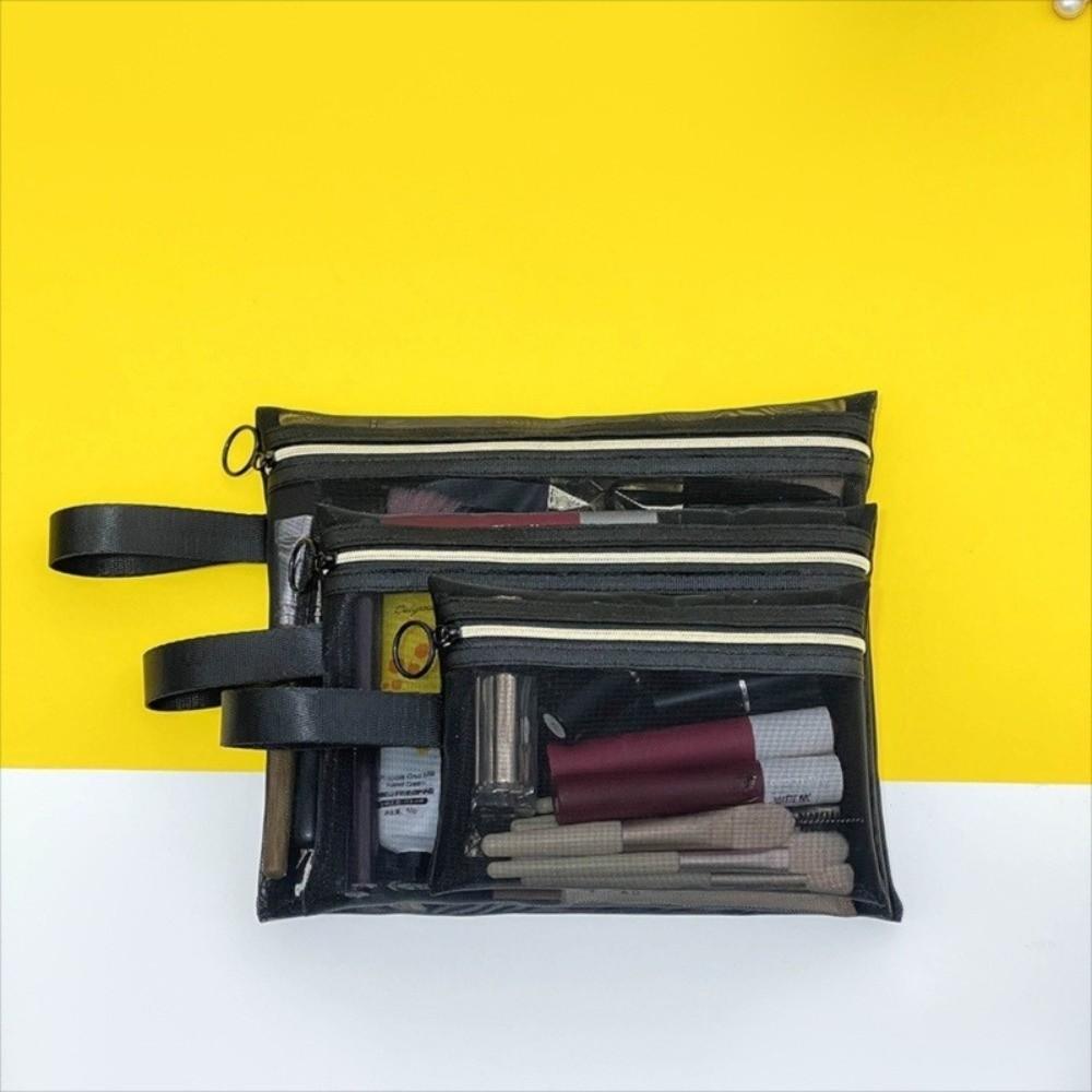 Durable Mesh Cosmetic Bag Black Translucent Lipstick Key Storage Pouch Portable Zipper Travel Toiletry Bag