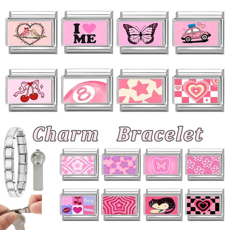 Fashion Pink Printing Cute Dog Cherry Butterfly Ball Italian Charm Links Fit 9mm Stainless Steel Bracelet Girls' DIY Making Gift