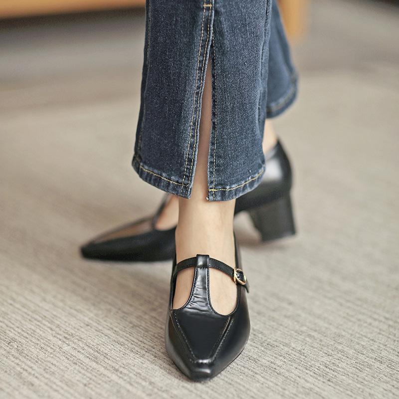 Augustine pointed small leather shoes women's 2025 summer new thick heel high heel Mary Jane French gentle wind shoes