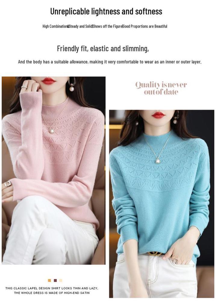 Women's 100% Wool Slimming Cashmere Knit Sweater - Half High Neck, Seamless, Hollow Out Design for Autumn/Winter