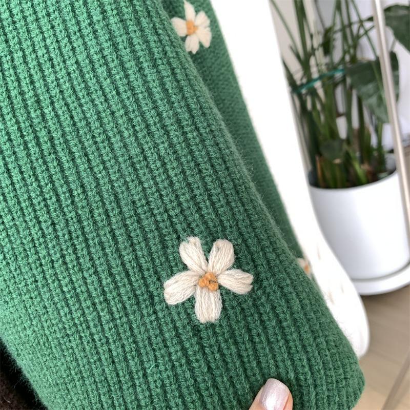 Γυναικείο Ρετρό Κεντημένο Φλοράλ Πουλόβερ για Φθινόπωρο και Χειμώνα, Χαλαρό και Άνετο Στυλ, Υψηλής Ποιότητας Κορεατικό Πλεκτό