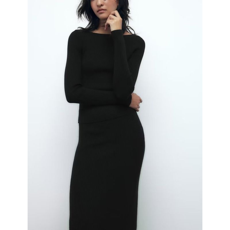 Basic Straight-leg Silm off-Neck Long Sleeves Rib Sweater