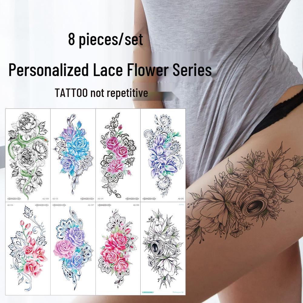 Ruikalong Flower Tattoo Stickers Set - Fashionable & Waterproof (8 Pieces) 210*100mm