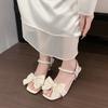 Summer Bow Open Toe Fashion Versatile Pearl One Strap Square Heel Shoes Women's Square Toe Non-Slip Sandals