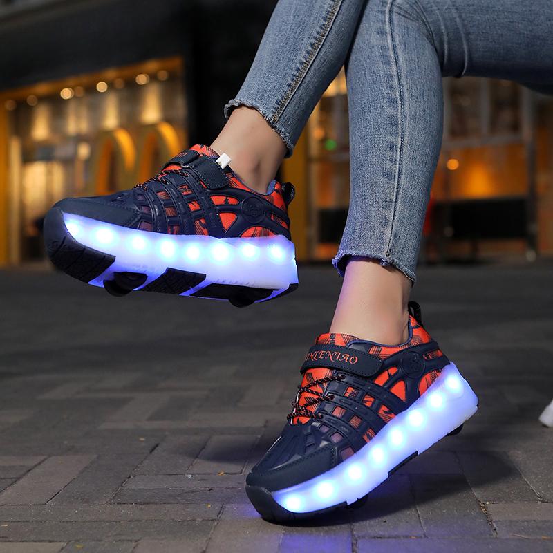 Four-wheel Roller Skates Children's Retractable Automatic Wheel Sports Shoes USB Charging LED Light Sports Shoes