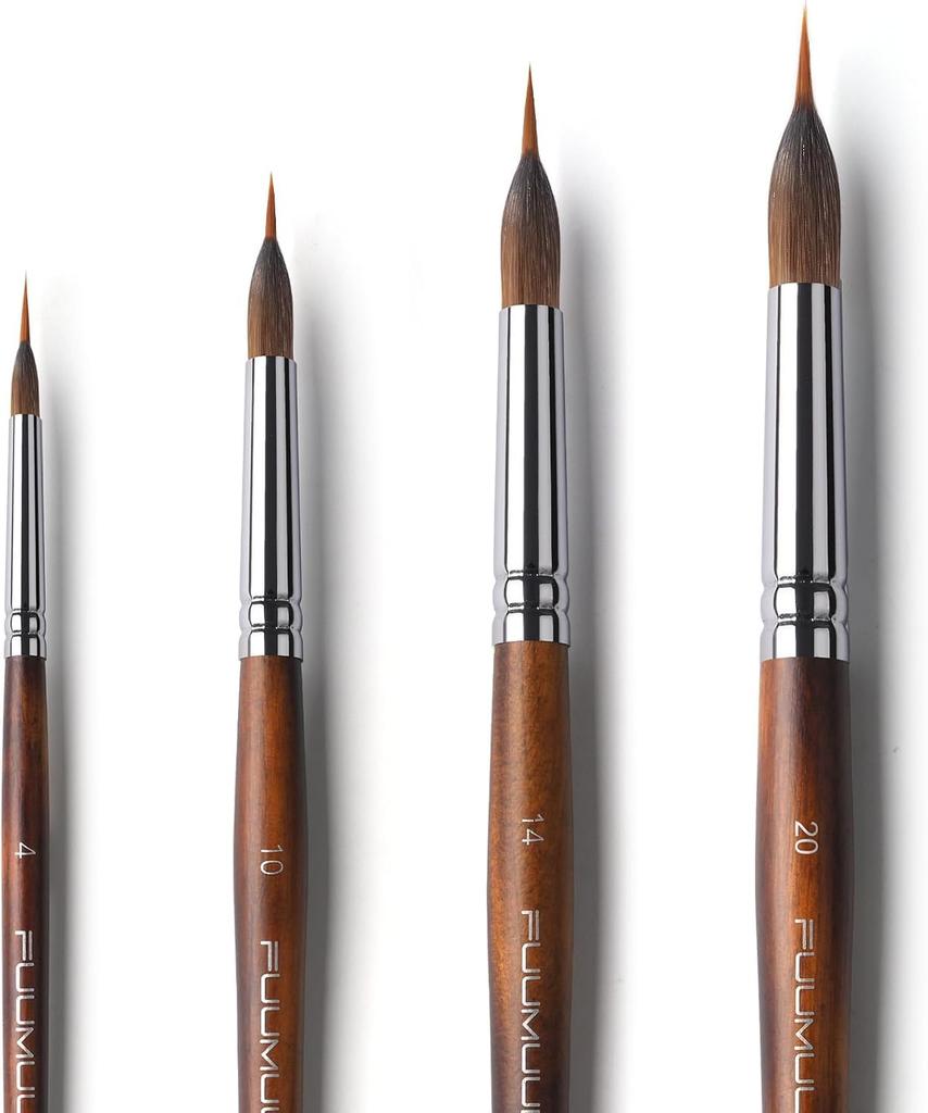 Kolinsky Sable Bristle Brush Set, 4-Piece Watercolor Brush Set with Extended Needle Tips, Synthetic Material Extra-Long Needle Tip Brushes, for Waterc