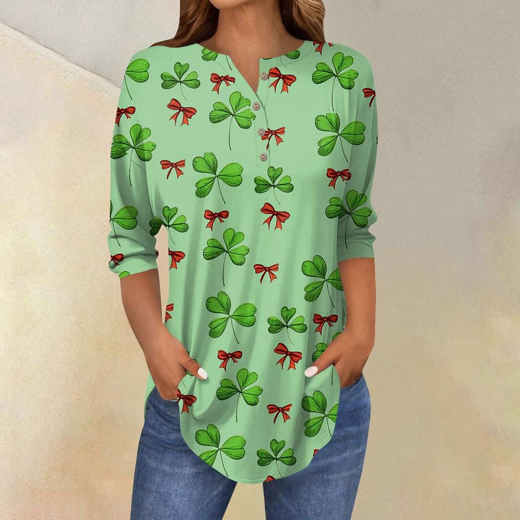 3/4 Ärmel Damen Tops Sommer T-Shirts Print V-Ausschnitt Casual Basic Tee Button Shirts Tunika Tops St. Patrick's Day