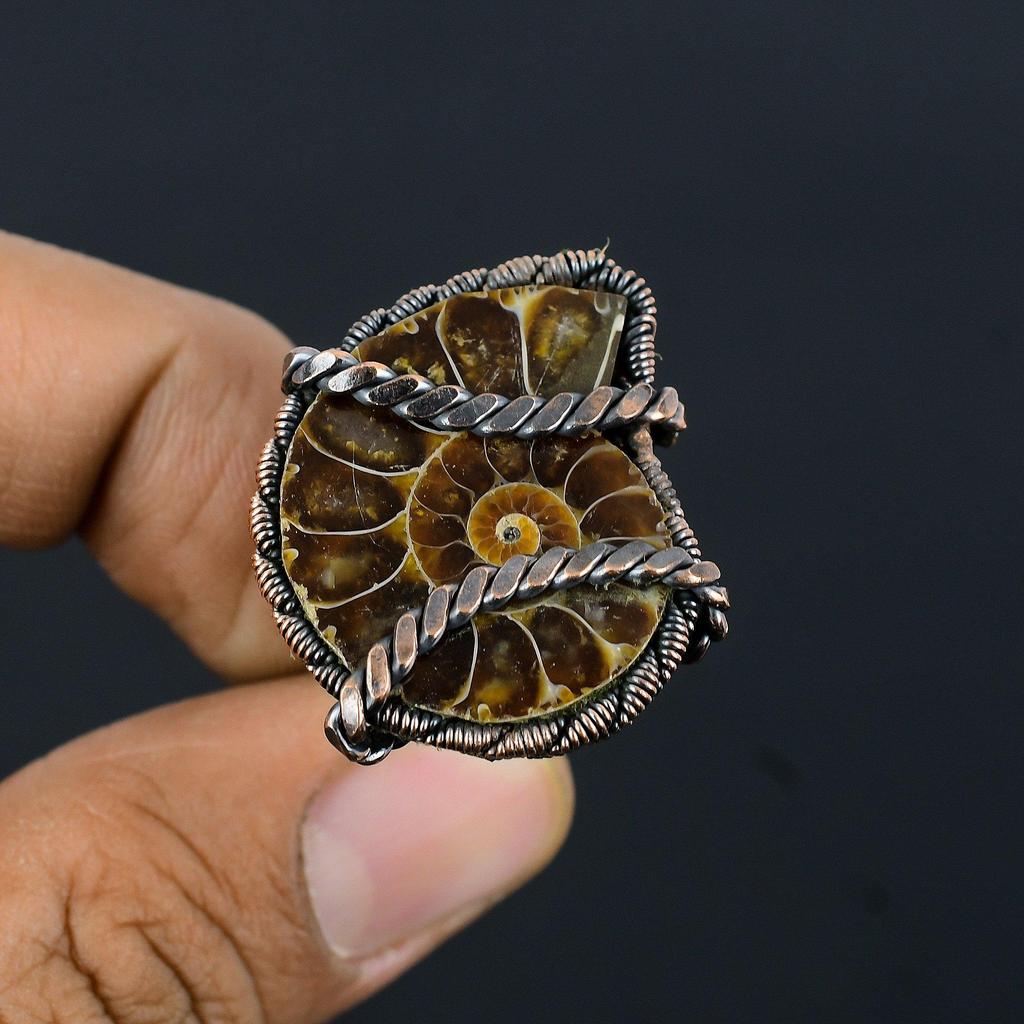 Ammonite Fossil Gemstone Copper Wire Wrapped Handmade Jewelry Ring