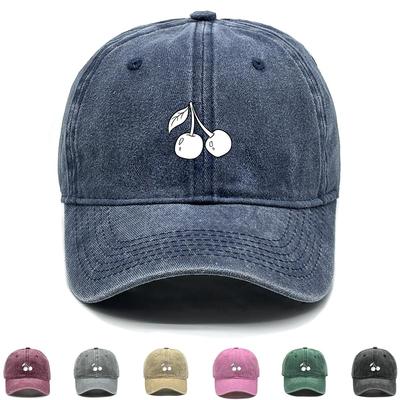 White Cherry Print Snapback Baseball Cap, Fruit Dad Hat Unisex Simple Sunshade Non-Stretch Fabric Adjustable Baseball Hat