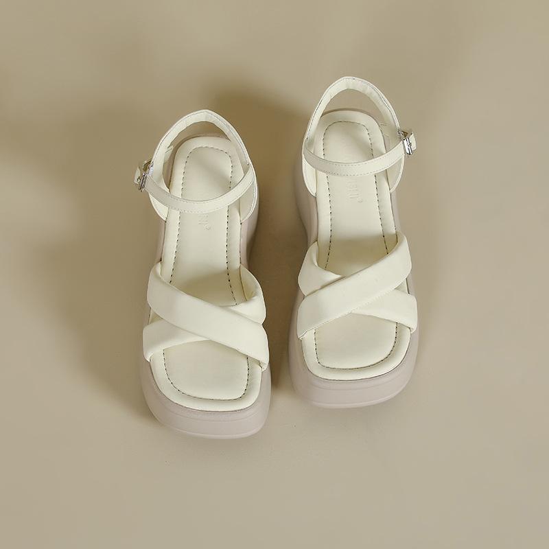 Summer new thick heel platform sandals women's versatile simple cross with one-button open-toe sandals