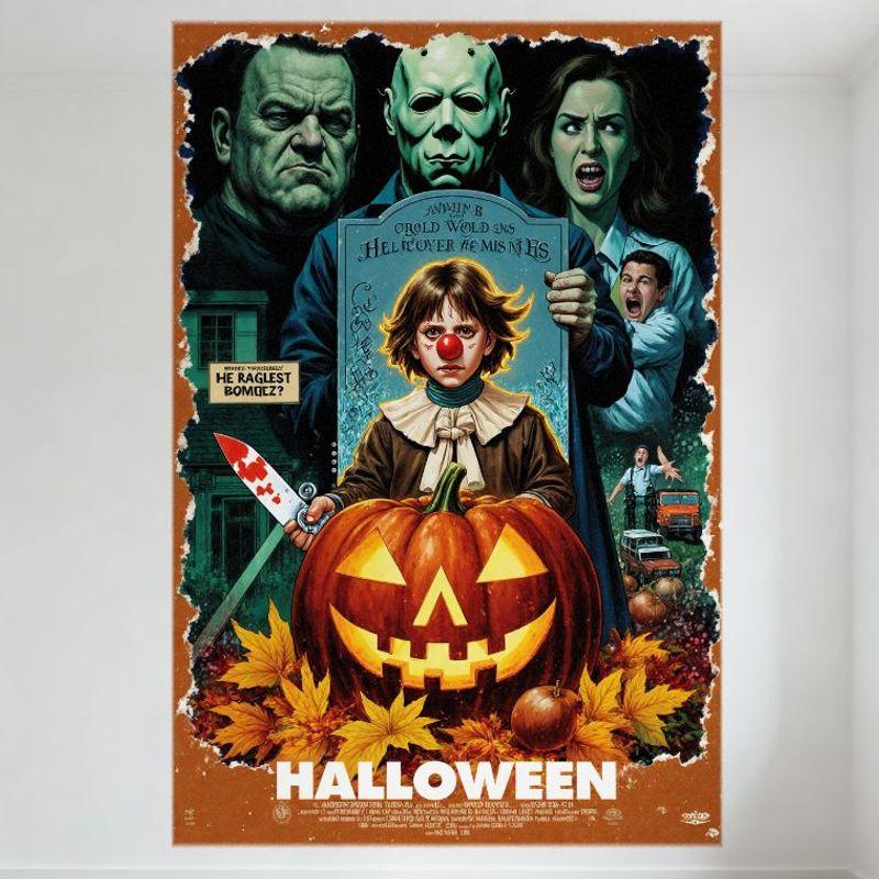 Halloween Vintage Retro Movie Poster Tin Sign - Spooky Horror Art with Jack-o -lantern Knife & Characters Wall Decor for Home 20x30cm（7.8x11.8inch）