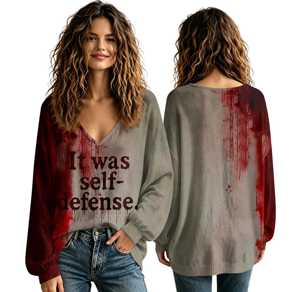 Women's V-Neck Halloween Shirt for Fall, Seasonal Top for Ladies