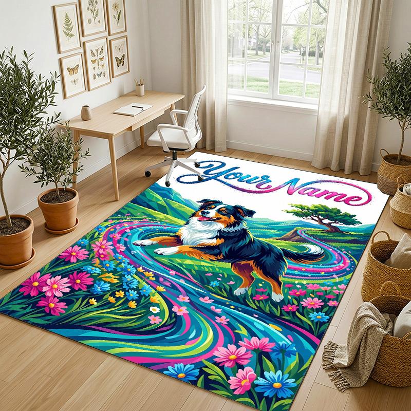 Dog Theme Crystal Velvet Rug Personalized Custom Name Text Soft Floor Mat Home Decor