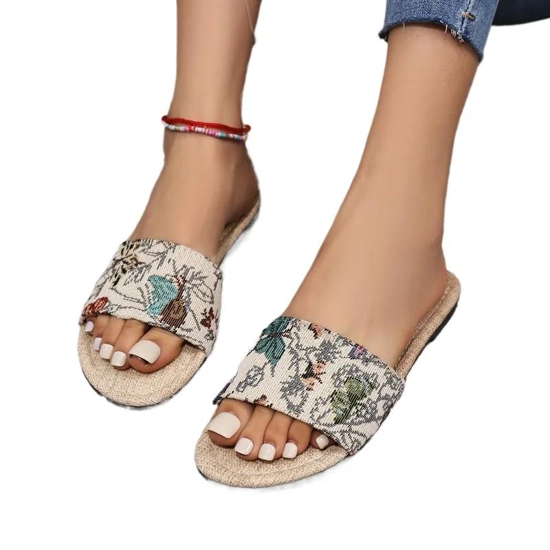 Fashion 2024 Hot Sale Women Shoes Open Toe Women's Slippers Summer Printing Mixed Colors Outdoor Casual Beach Flat Comfortable Slippers