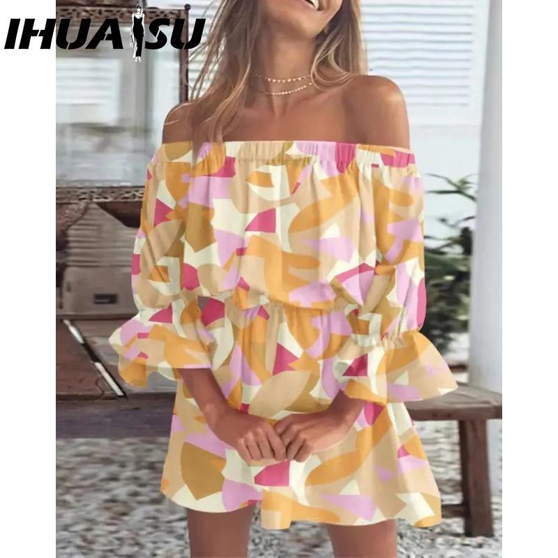 

IHUASU Женская мода лето весна однотонный принт рукава 1/2 одно плечо высокая талия повседневные платья XXXL