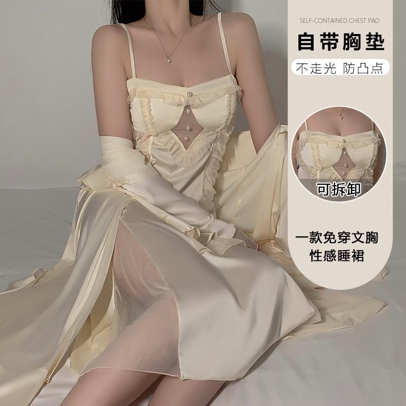 Women's Sheer Mesh Low Cut Padded Cami Sleep Dress with Robe Lounge Set