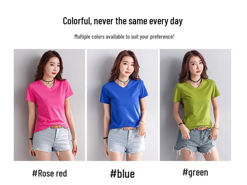 Women's Summer Pink V-Neck Pure Cotton Short Sleeve T-Shirt, Customizable with Logo.