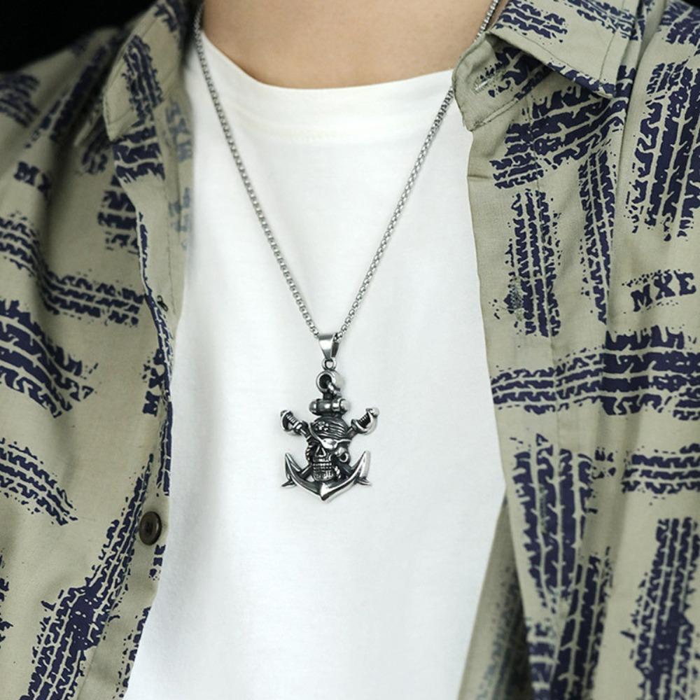 Double Sword Pirate Titanium Steel Pendant Vintage Halloween Skull Ghost Head Anchor Stainless Steel Necklace
