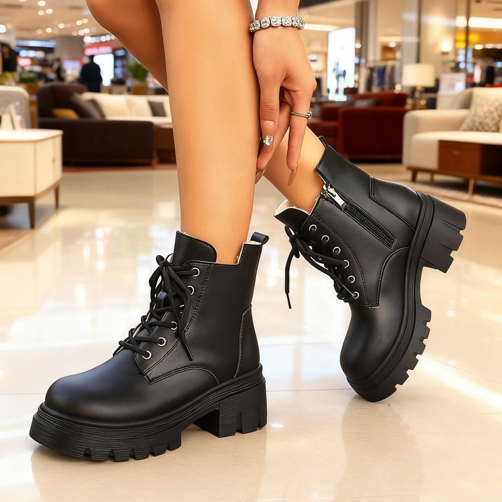 New Women Pu Leather Ankle Booties Woman Autumn Winter Plush Round Toe Lace Up Shoes Woman Motorcycle Platform Gothic Boots 11
