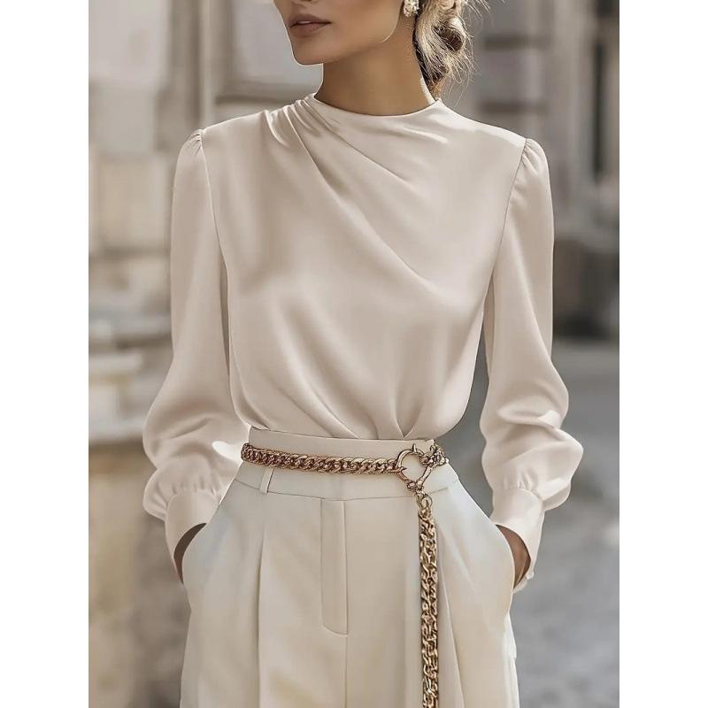 Commuting Simple Pleated High Collar Lantern Sleeve Shirt Top for Women