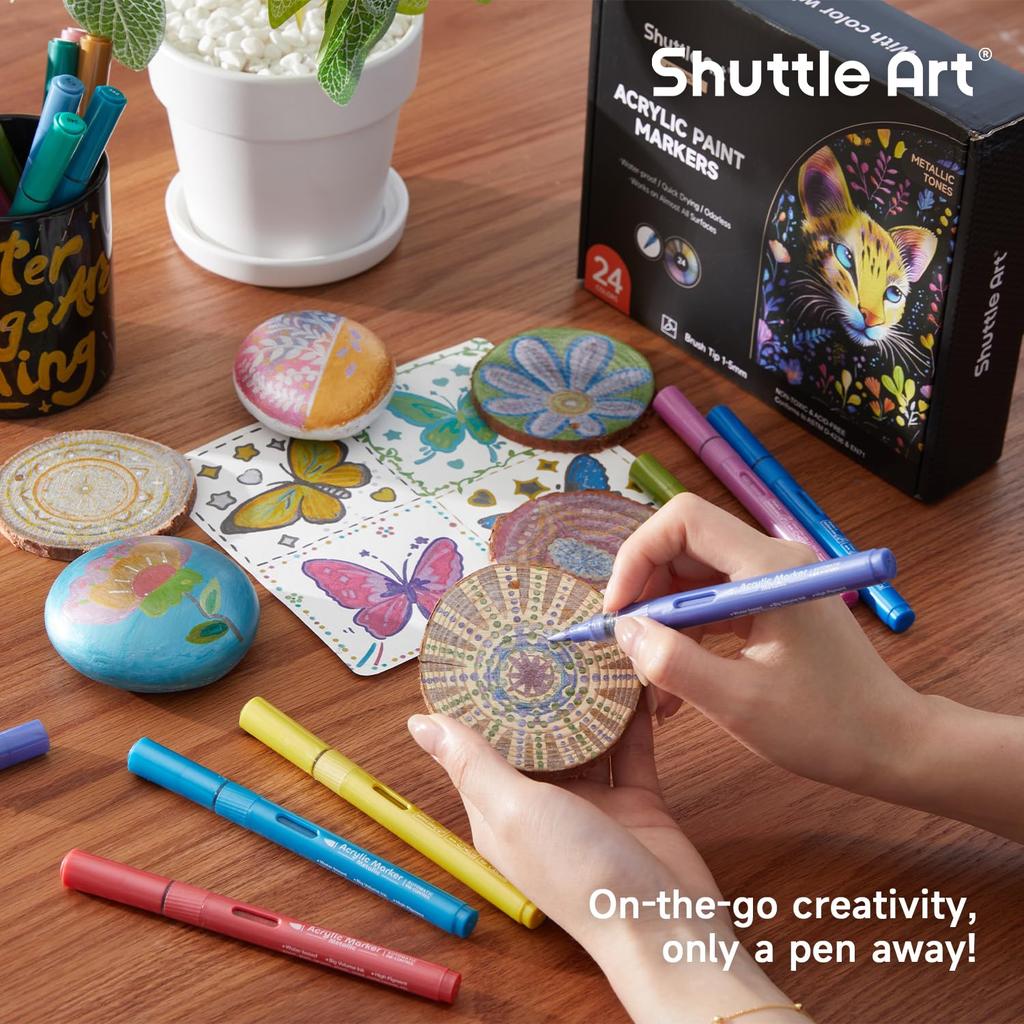 Shuttle Art Acrylic Metallic Color Pens with Brush Paint and Perfect for and Includes Storage Perfect for DIY and Art A Great Markers, 24-Color Set,