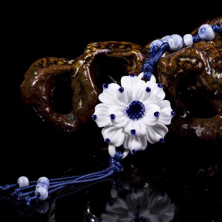 Classical Ceramic Blue and White Porcelain Peony Flower Necklace Women's Literary Retro Versatile Long Sweater Chain Accessories