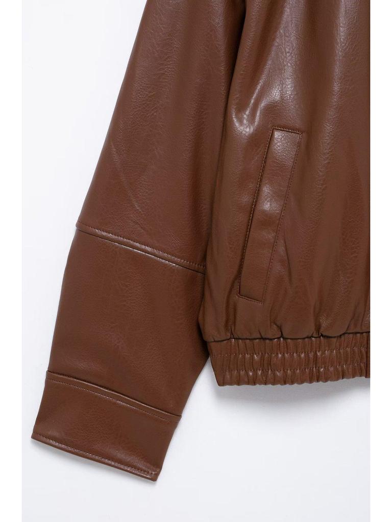 European and American Women's Fashion 2025 Spring Pilot Long Sleeve Faux PU Jacket