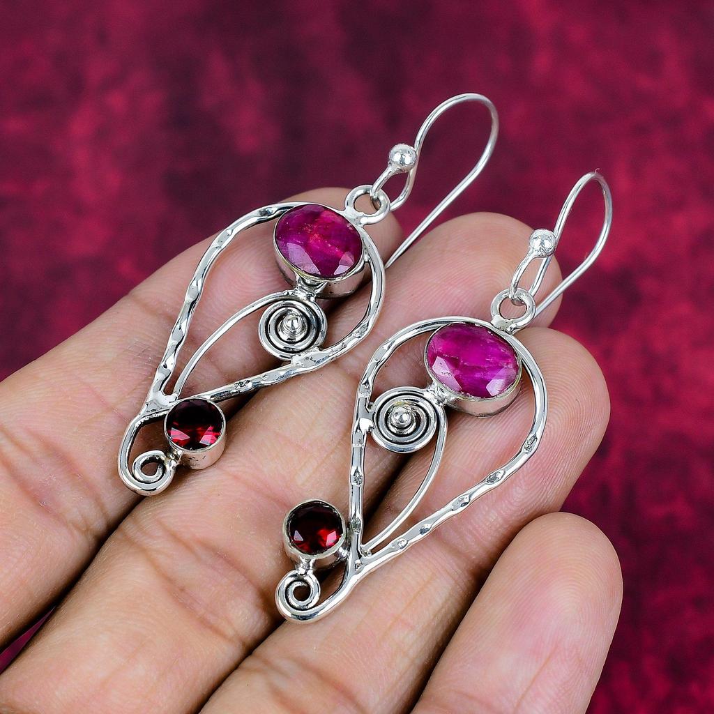 Ruby & Garnet Earrings Gemstone Jewelry, 925 Solid Sterling Silver Handmade Earrings, Latest Design Jewelry