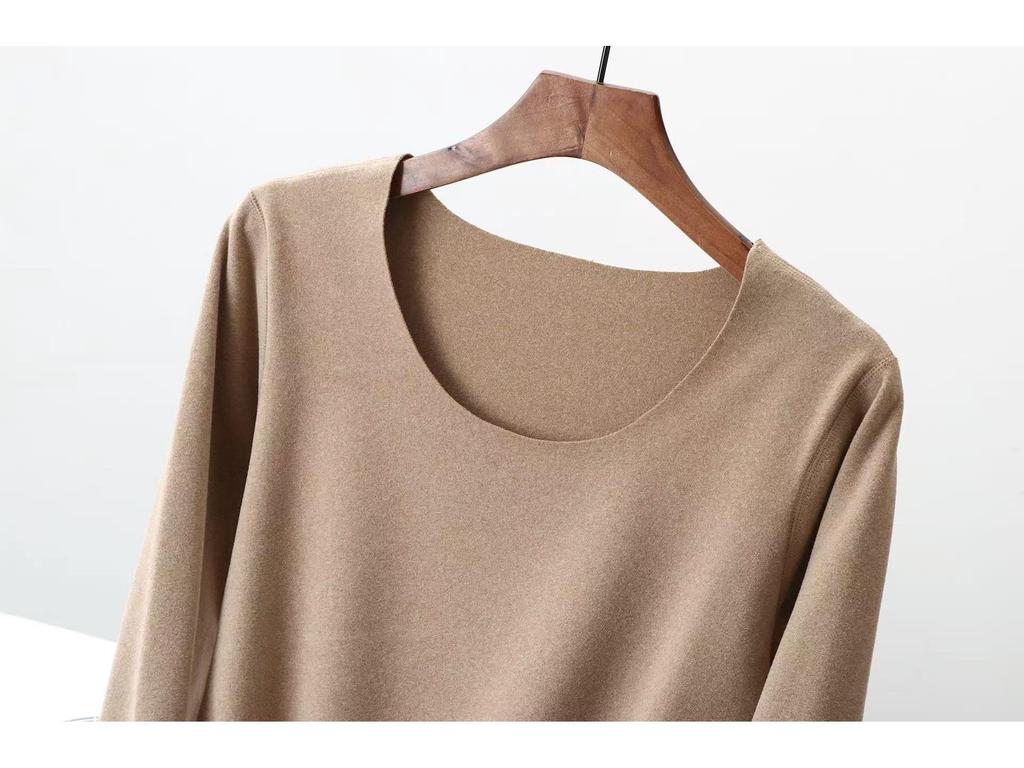 Women's Double-Sided German Velvet Crew Neck Long Sleeve Thermal Top, 2025 Autumn/Winter, Slim Fit, Solid Color