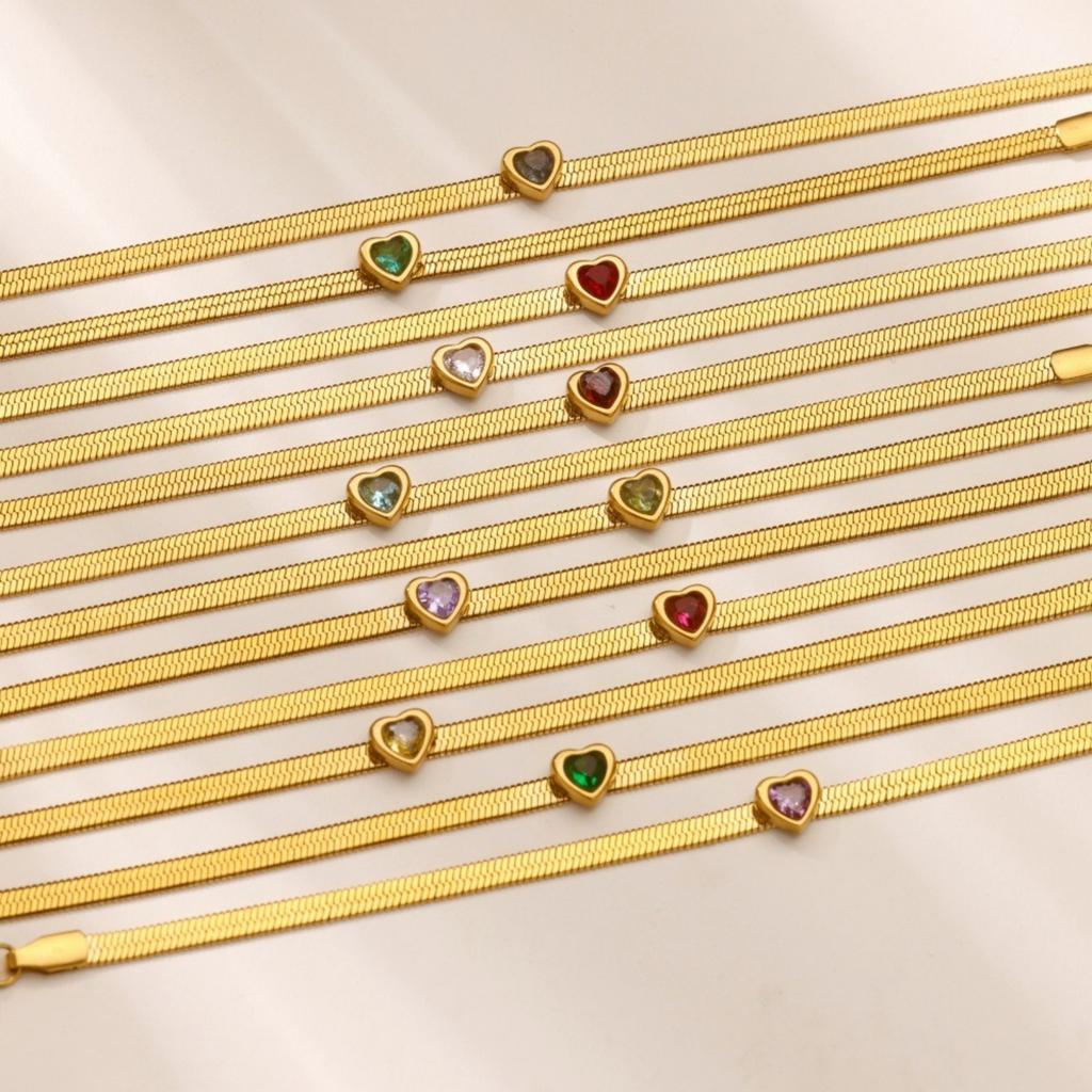 Flat Snake Chain Bracelets 18K Gold Plated 304 Stainless Steel & Rhinestone Women's Birthstone Stylish Gift Jewelry 16cm Long