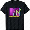MTV Music Television Retro Lata 80 Neonoowy Róż Szachownica Logo Unisex Bawełniany T-shirt dla Dorosłych Modne Zabawne Graficzne Dekolt Okrągły Nadrukowane Koszulki