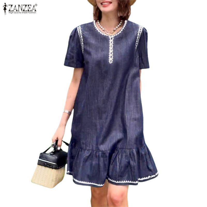 ZANZEA Womens Casual Round Neck Summer Short Sleeve Dress