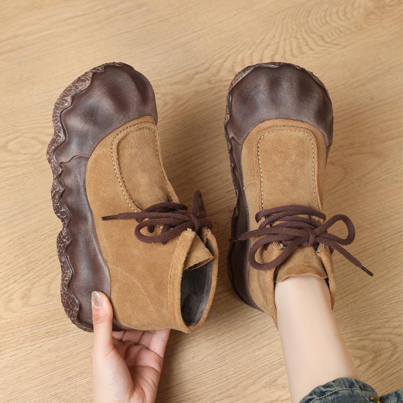 Nya Retro Korta Stövletter Damskor med Handgjorda Mjuka Sulor på Översta Lagret, Höga Enkelstövlar