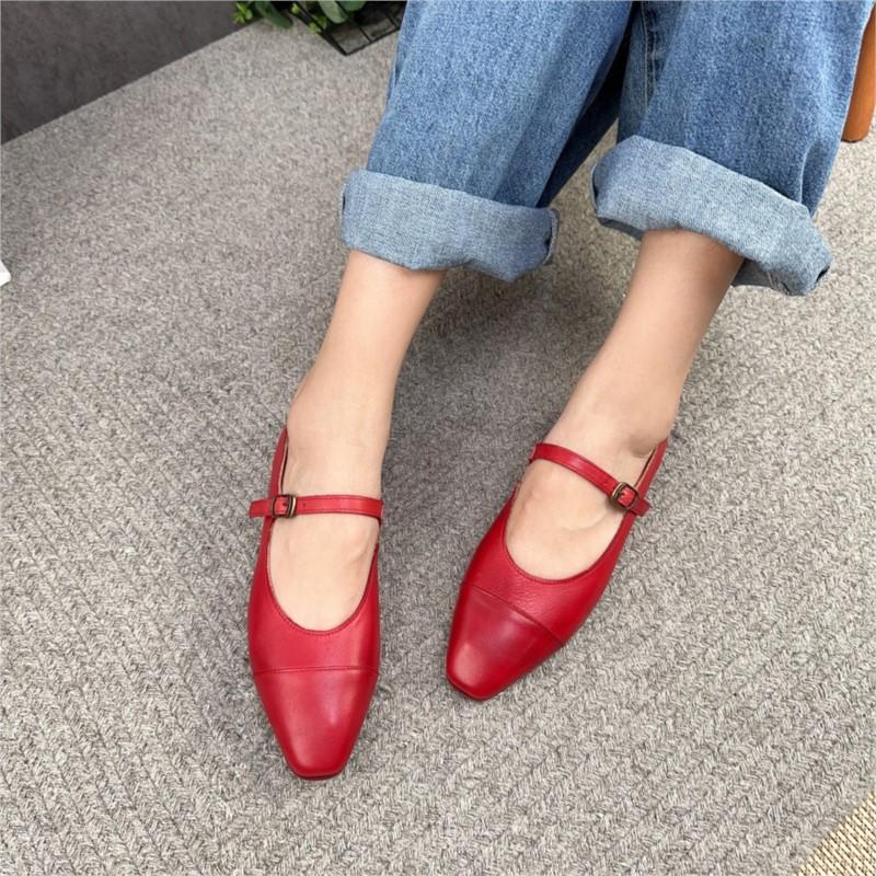 Johnature Retro Women Flats Shoes Elegant Versatile Genuine Leather Basic Buckle Strap Pointed Toe Pumps Shoes
