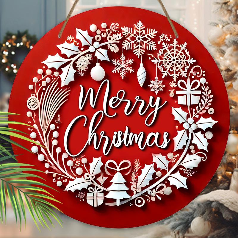 Semn de Crăciun din lemn, Semn rotund Merry Christmas pentru decor agățat pe perete sau ușă de intrare, Ornament ideal de Crăciun