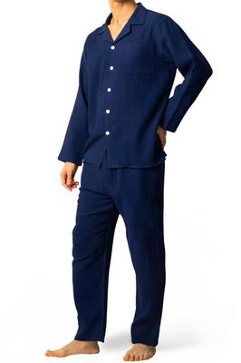 Benke Soft Long Sleeve Pajama Cotton Simple and Perfect for Hospital and Loungewear Size Set, 100% Gauze, Stylish, Fall, Stay-Ups, (Navy, L)