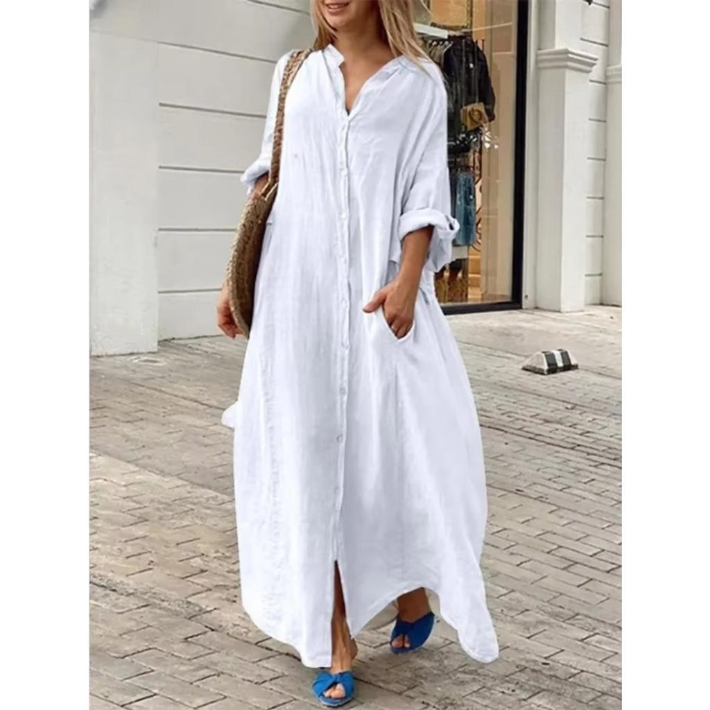 Frühlings Baumwolle Leinen Oversize Damen Kleid Lang Weiß Knopf Locker Kleider Weiblich Neu Lässig Trendig Elegant Damen Kleidung