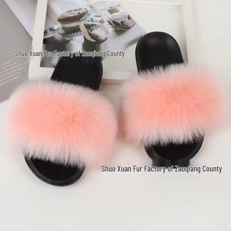 Women's Summer Fox Fur Slippers: Celebrity Trend, Flat Fur Sandals, Soft-Soled Flip Flops, Euro-American Style.