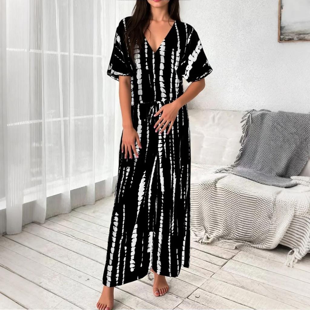 Women's Casual Resort V-Neck Top And Pants Fashion Print Two Piece Set