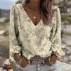 Yousheng Women Tops Retro Floral Print Puff Long Sleeve Shirt V-neck Loose Fit Casual Blouse Breathable Daily Wear