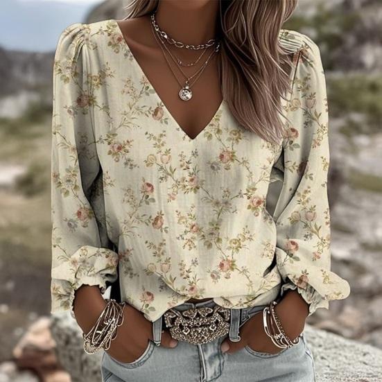 Yousheng Women Tops Retro Floral Print Puff Long Sleeve Shirt V-neck Loose Fit Casual Blouse Breathable Daily Wear