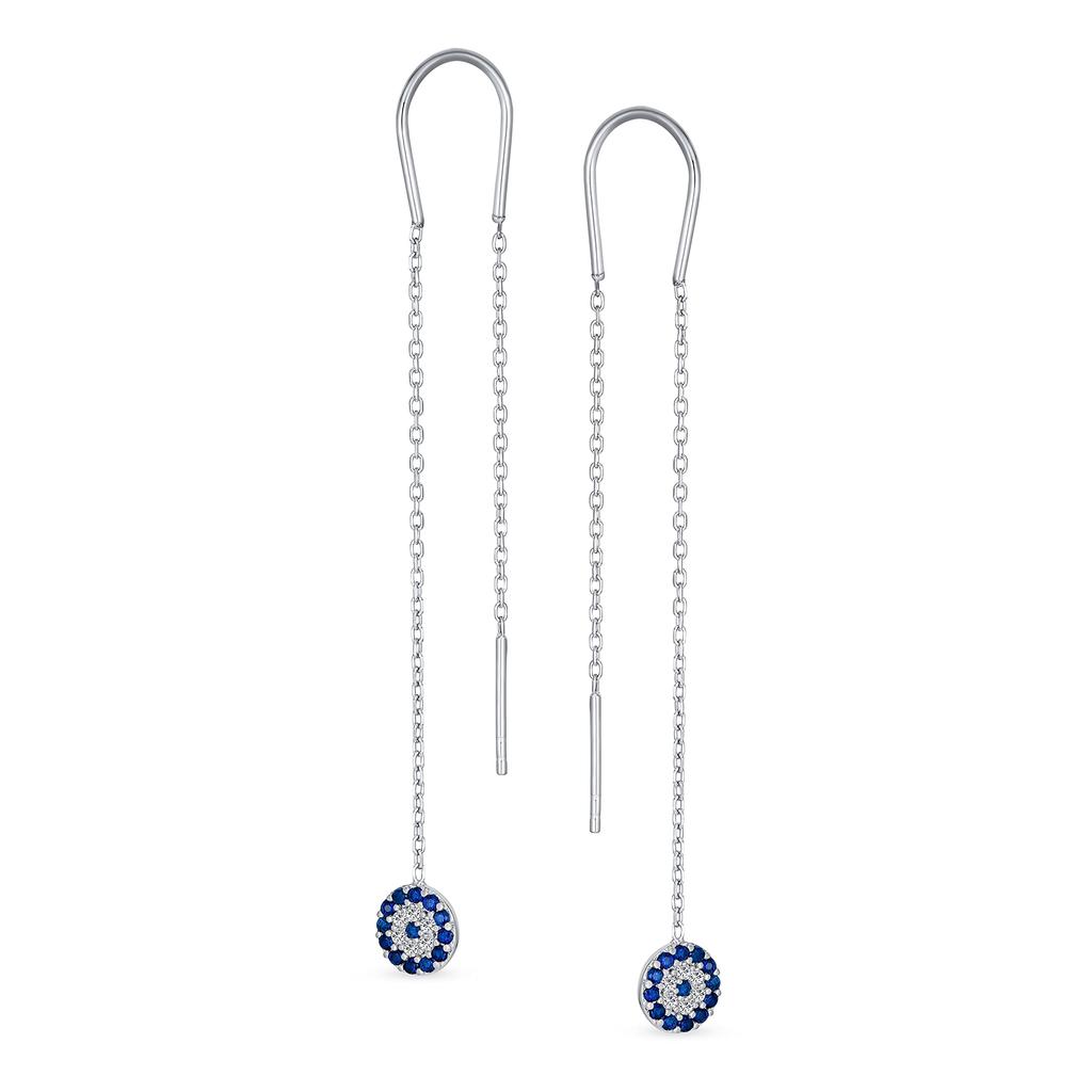 Blue Nazar Evil Eye Cubic Zirconia Pave CZ Spiritual Thin Chain Threader Earrings For Women For Teen Sterling .925 Silver.
