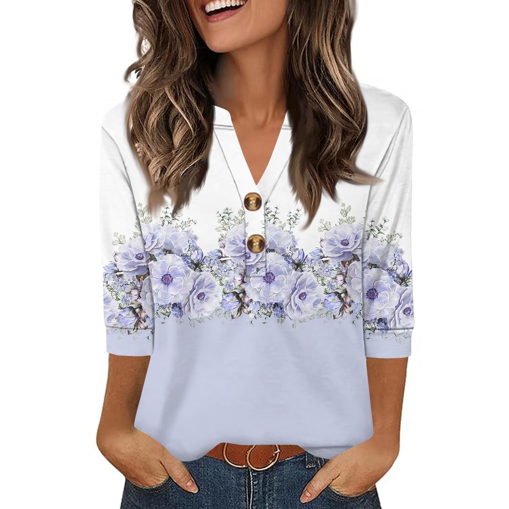 Ladies' Fashionable Casual Retro Floral Print Three-quarter Sleeve Loose V-neck Button Shirt