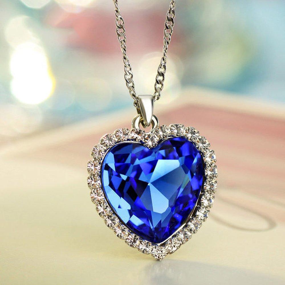 Small Blue Crystal Necklace Heart Gem Titanic Movie Girlfriend Couple Accessory