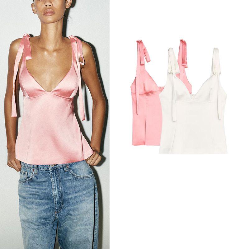 Summer New Product Women's Clothes Minimalist Style V Neck Sleeveless Bowknot Decoration Silk Satin Textured Sling Tops 3059371