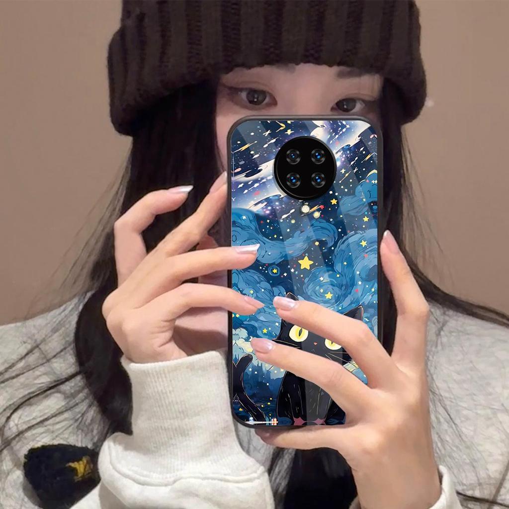 Case for Xiaomi POCO F2 Pro Anime Black Cat Starry Cloud Print Phone Cover Acrylic Hard Back Shell With Flexible TPU Edge
