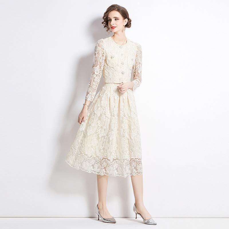 Female Floral Embroidery Two Piece Set Women Suit Elegant OL Long Sleeve Shirt Midi Skirts 2 Piece Outfit